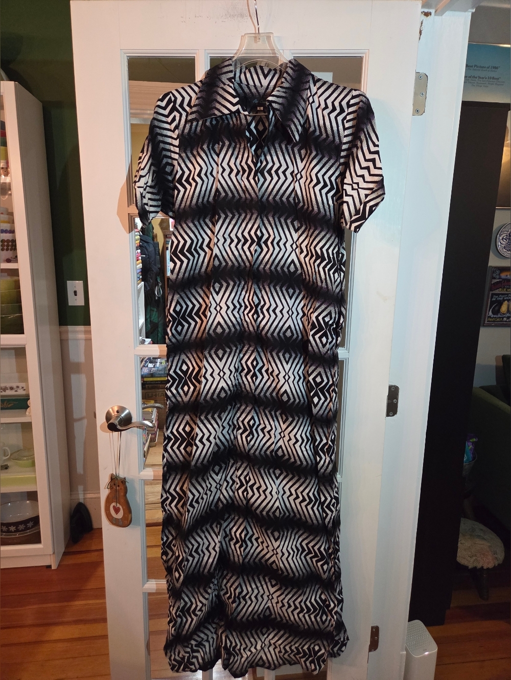 Ray Darten Black & White Geometric Maxi Shirt Dress With Keyhole Back - Size XL